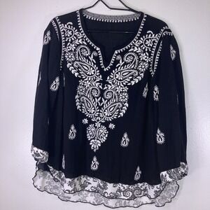 Unbranded Women's M Black White Embroidered Tunic Top
